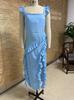 European and American women's clothing new blue slit ruffle pleated suspender dress