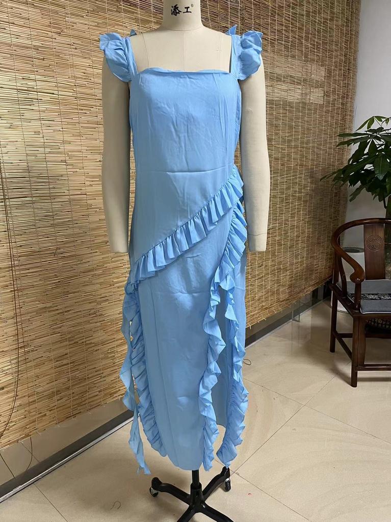 European and American women's clothing new blue slit ruffle pleated suspender dress