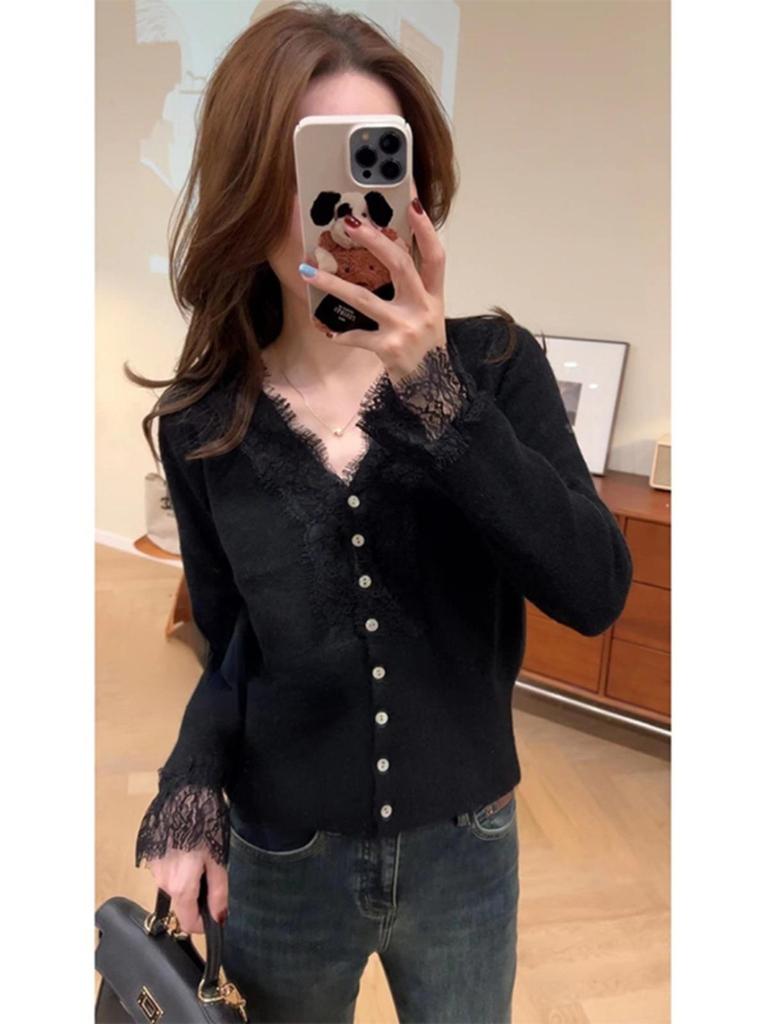 Women's French Lace V-Neck Sweater: Stylish Autumn/Winter Long Sleeve Knit Cardigan.