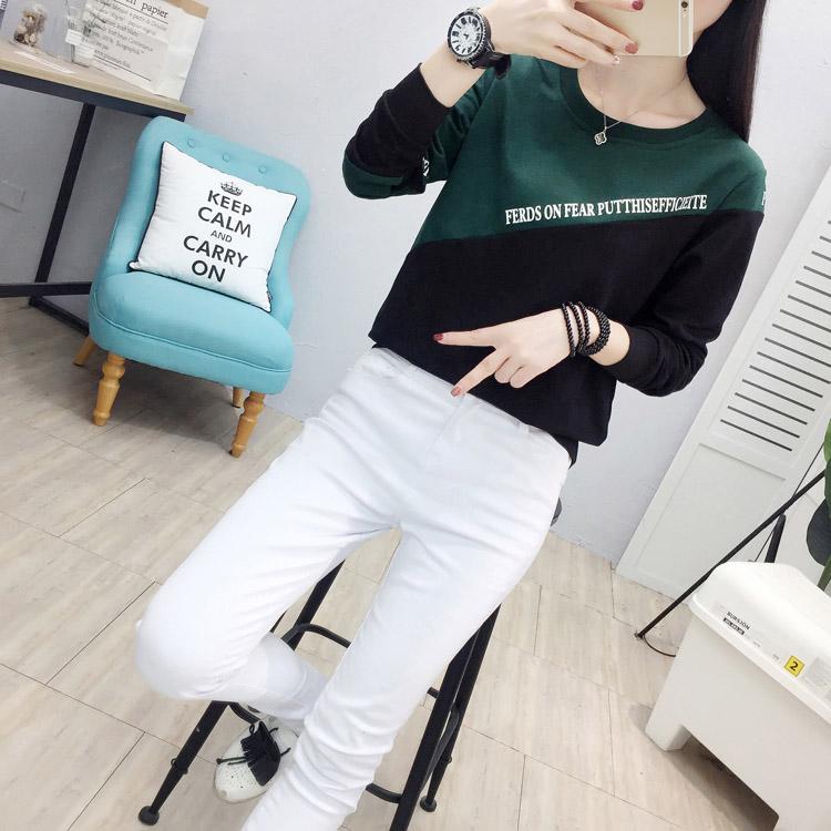 Simple Color Stitching T-shirt Slim Fashion Letter Printing Thin Sweater Spring Korean Women's Sweatshirt