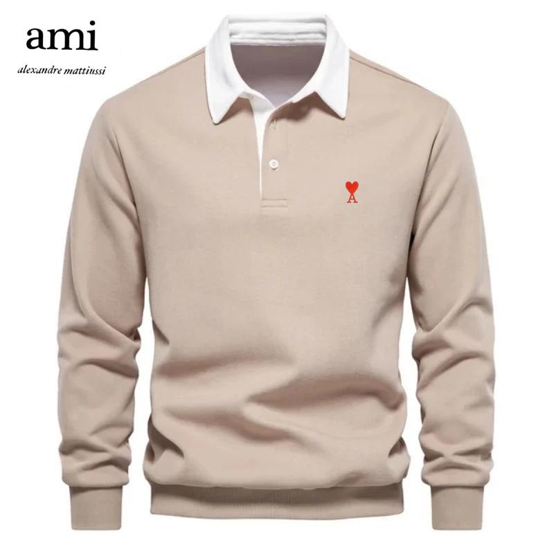

AMI 2025 Embroidered Men s Pure Cotton Long Sleeved Polo Shirt for Autumn and Winter XXL