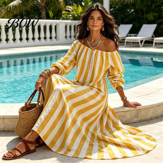 Long Sleeve Dress Summer Women Striped Dress, Off Shoulder Casual Soft Ankle Length Loose Swing with Side Pocket Comfortable Beach