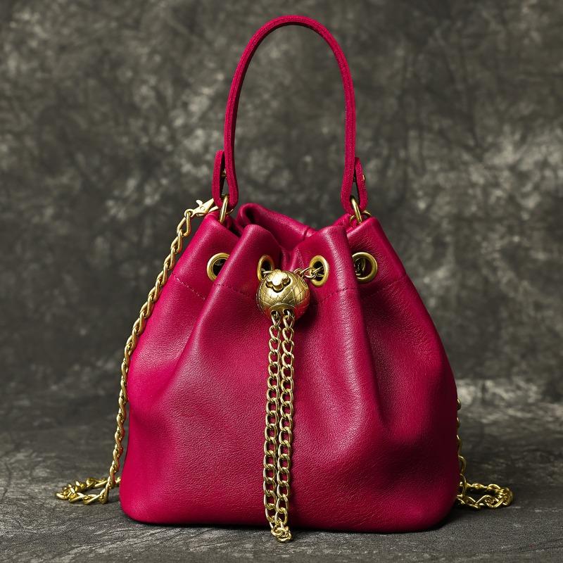 Top-grain Cowhide Ladies' Cosmetic Bag Casual Genuine Leather Bucket Bag Soft Cowhide Chain Bag