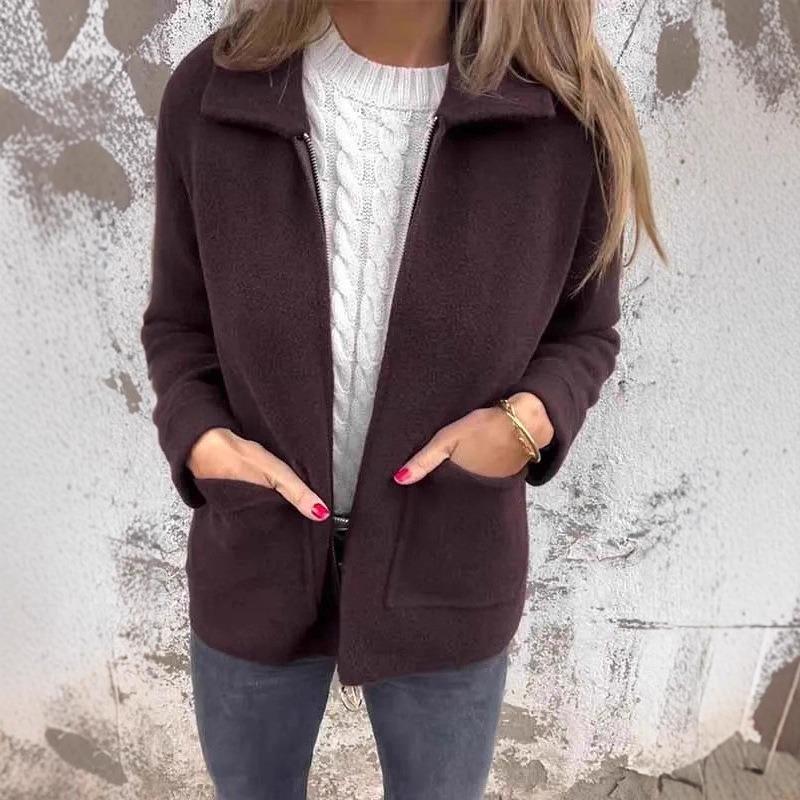 2025 Autumn and Winter New Women's Lapel Solid Color Zipper Pocket Jacket
