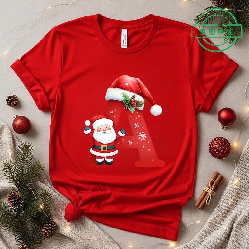 Christmas SantaAlphabet Letter Print T-shirt Short Sleeve Crew Neck Casual Top Kids Festive Holiday Women's Clothing Top