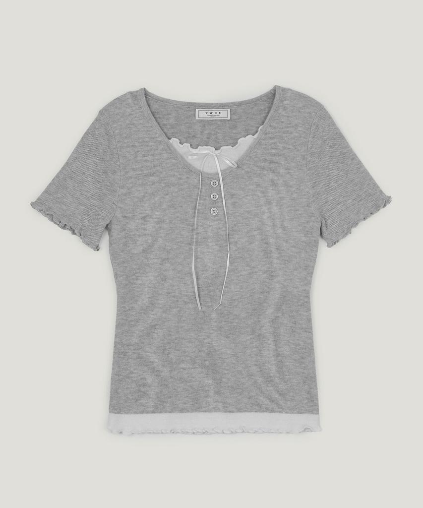 Teuwi Bet Ribbon Color Block Layered Short Sleeve Knit