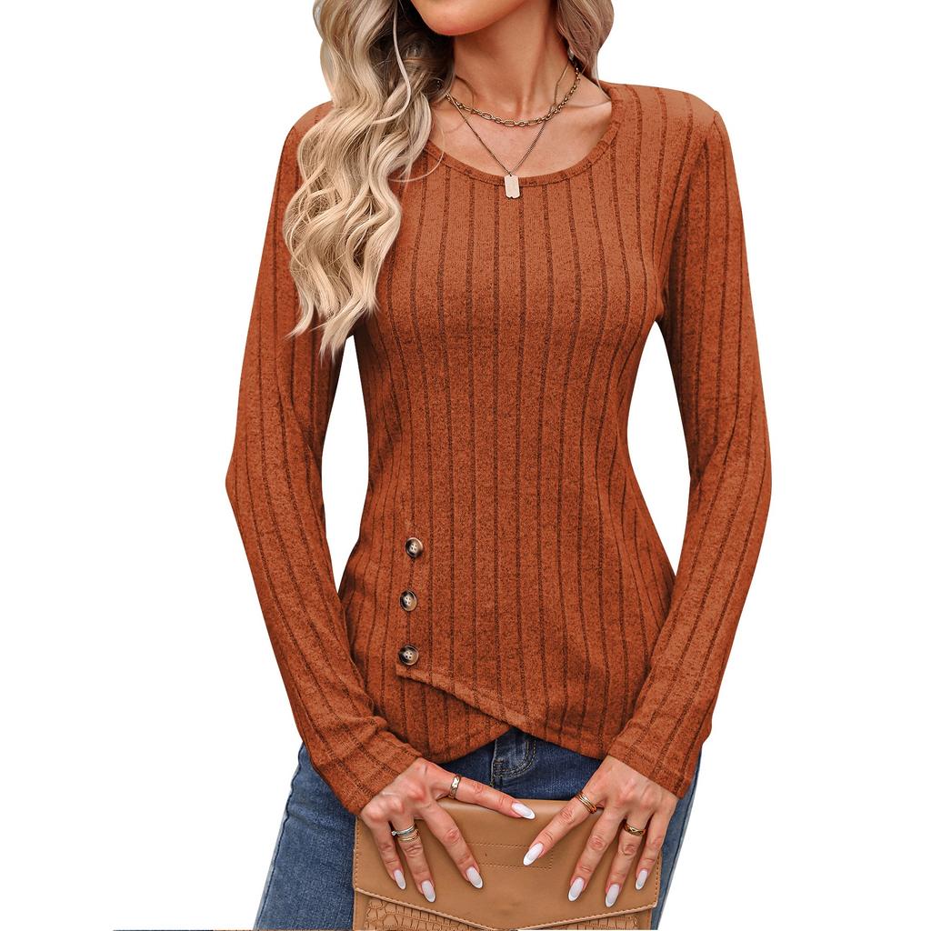 Women's Autumn and Winter Waist Cinched Round Neck Tight Long Sleeved Top