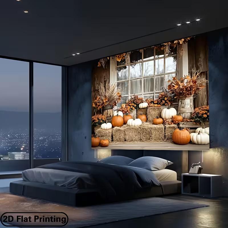 Rustic Fall Pumpkin Tapestry Farmhouse Porch Scene Wall Hanging for Party & Photography