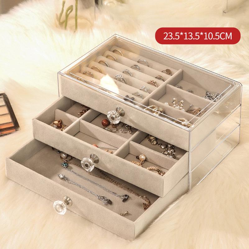 Three Layer Velvet Jewelry Storage Box Dust Proof Drawer Style Jewelry Organizer for Stud Earring Necklaces Accessories Dressing