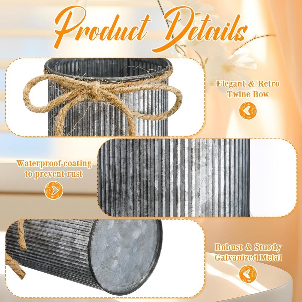 12pcs Petite Farmhouse Vase Decor Vintage Flower Vase with Twine Bow Rustic Galvanized Buckets for Artificial Flowers for Table Centerpiece Weddings