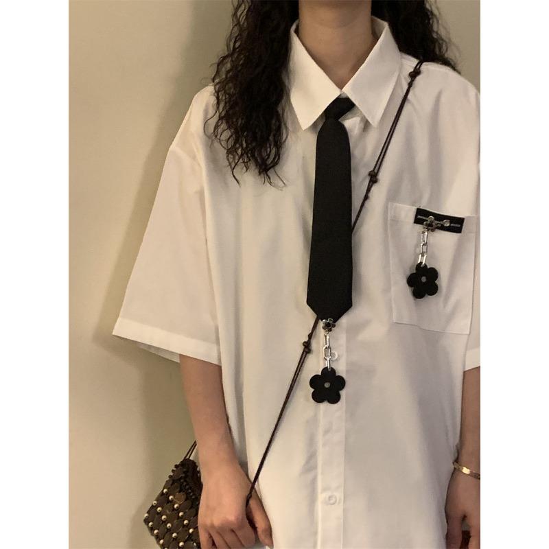 Solid Color Short Sleeved Shirts for Women American Retro College Style Shirt with Tie Summer Lapel Single Breasted Tops