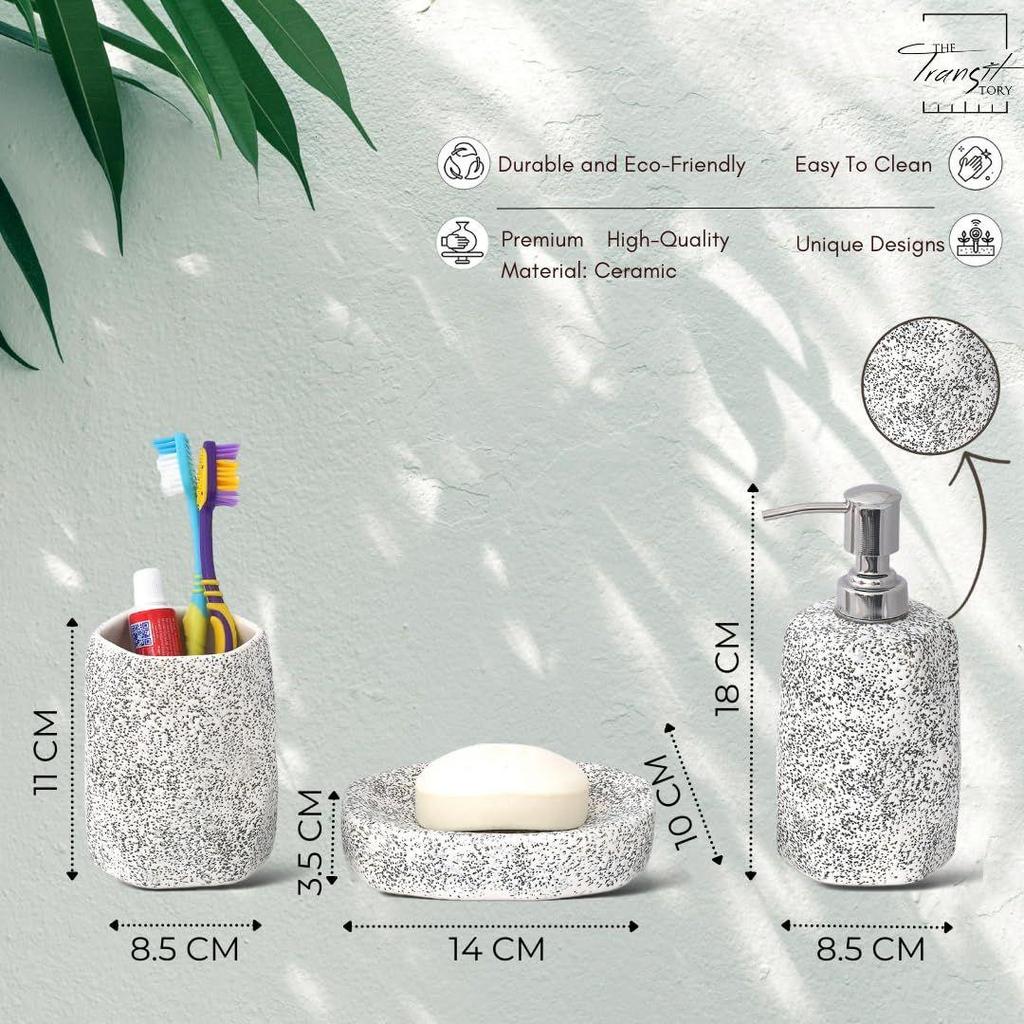 Ceramic Bathroom Accessories Set of 3 | Modern Luxury Bath Set with 300ml Soap Dispenser, Toothbrush Holder & Soap Dish | Bathroom Decor Items