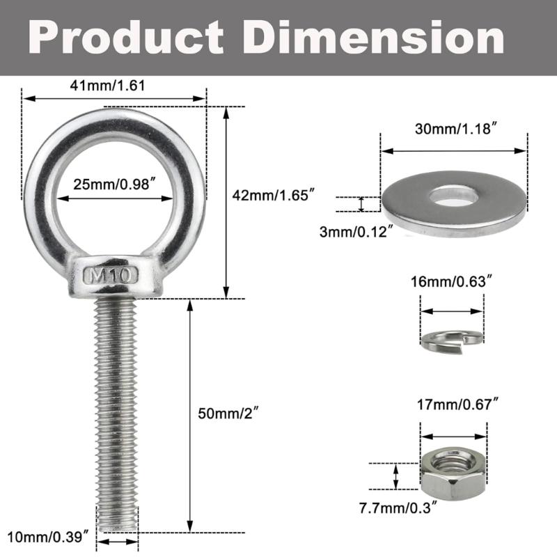 Bullone a occhio in metallo industriale M10X50mm 440 libbre Carico di lavoro sicuro Ferramenta di imbracatura sicura Bullone a occhio in metallo Fissaggio per esterni