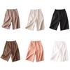 High Waist Elastic Waistband Women Shorts Button Fly Pockets Knee Length Straight Wide Leg Suit Short Pants Workwear