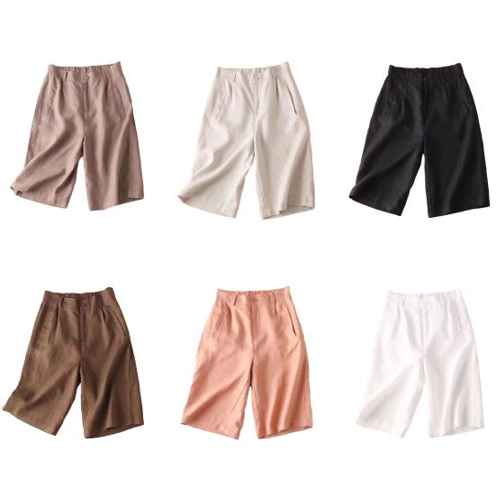 High Waist Elastic Waistband Women Shorts Button Fly Pockets Knee Length Straight Wide Leg Suit Short Pants Workwear