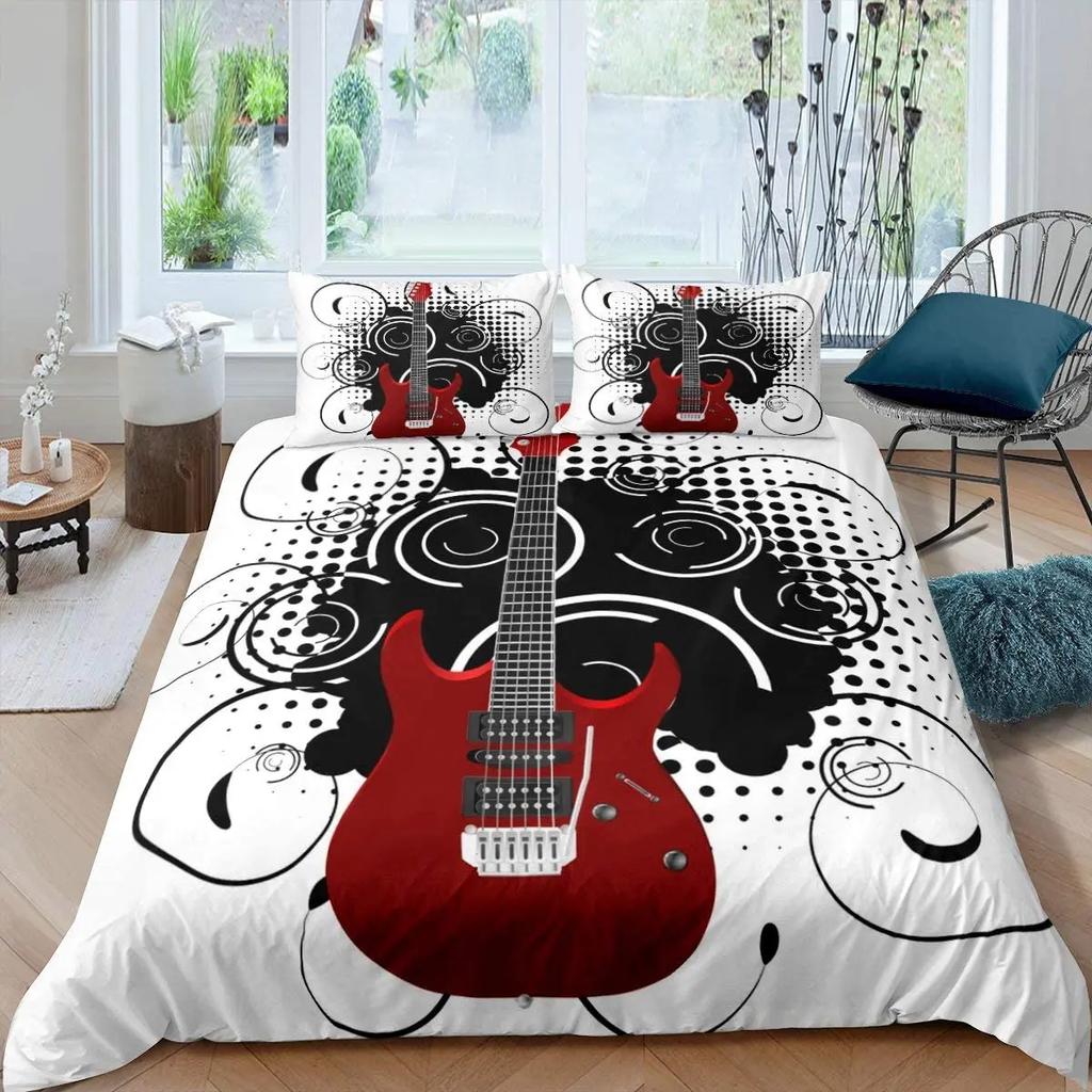 Guitar Duvet Cover Set King Queen Full Size Watercolour Style Polyester Comforter Cover for Kids Boys Girls Teens Bedding Set