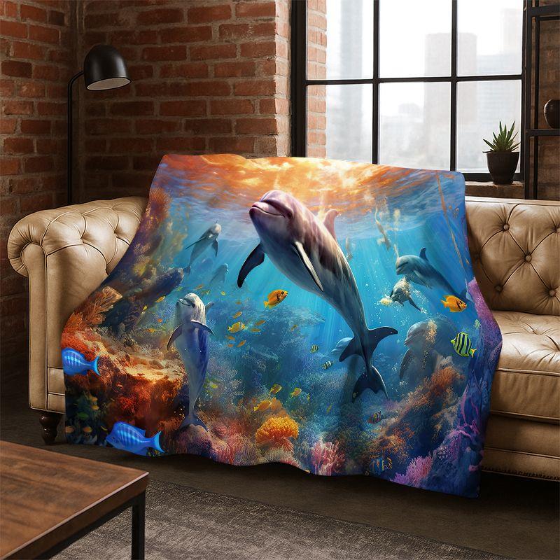 Underwater Sea World Marine Life Cartoon Flannel Blanket Soft Throw Blanket for Bedroom Living Room Bed Travel Camping Picnic
