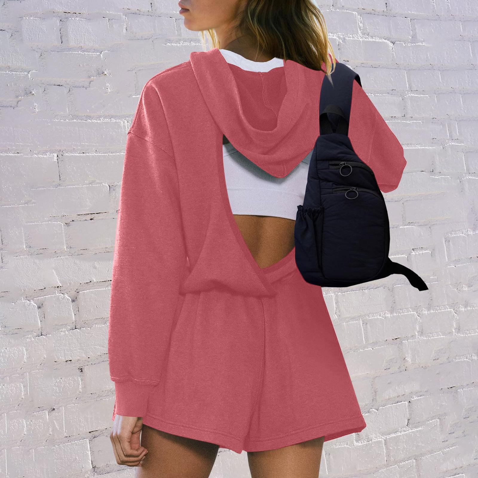 

Women s ,color Sexy Hooded Backless Loose Shorts Jumpsuit XL рожевий