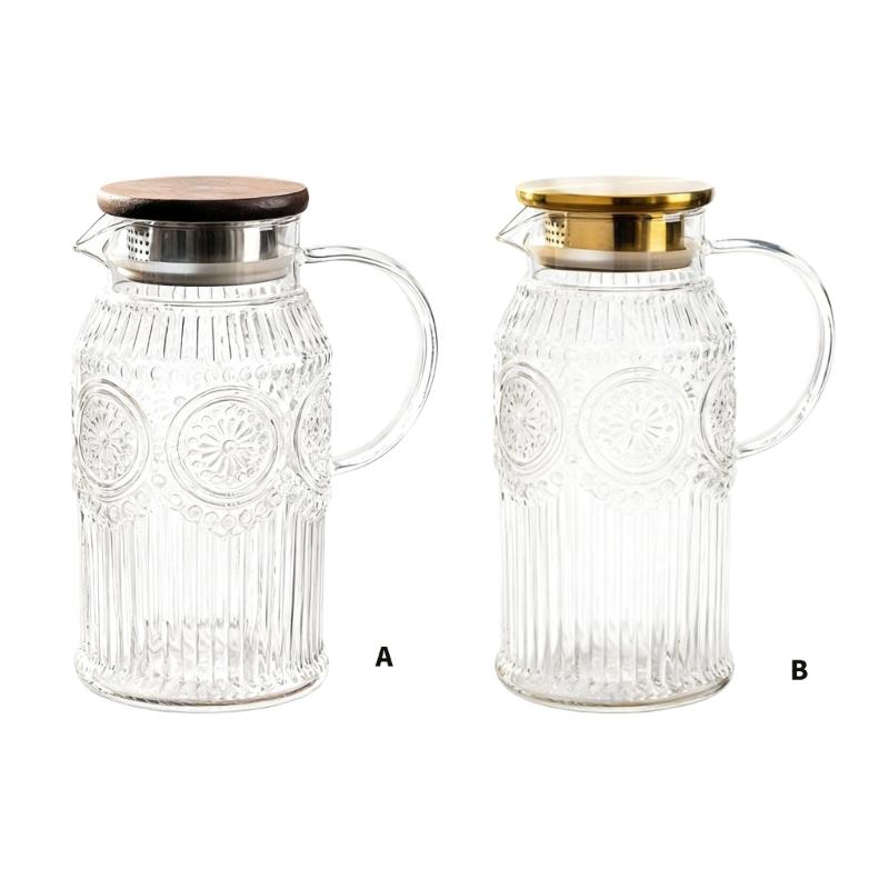 Easy to Cleaning Glass Water Pitcher with Retro Sun Pattern Lid Large Capacity for Family Gatherings and Homes Kitchen Use