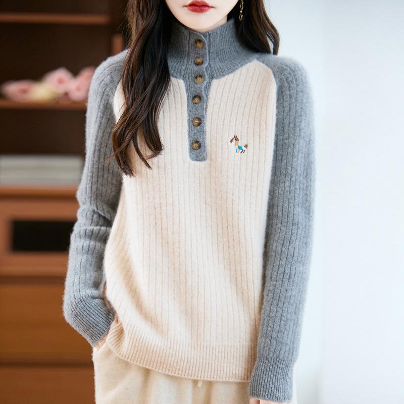 

Autumn/Winter 2025 Women s High Neck Wool Colorblock Embroidered Knit Sweater L бежевий/сірий колір