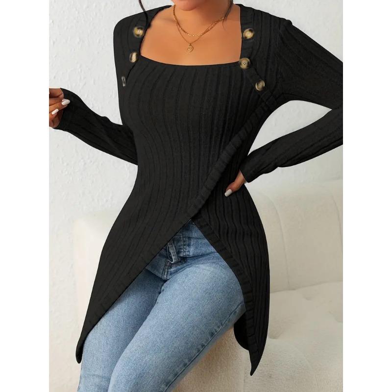 Exquisite and Elegant Striped Square Collar Women's Long-sleeved T-shirt, Autumn and Winter Fashion Knitted Irregular Women's Pullover