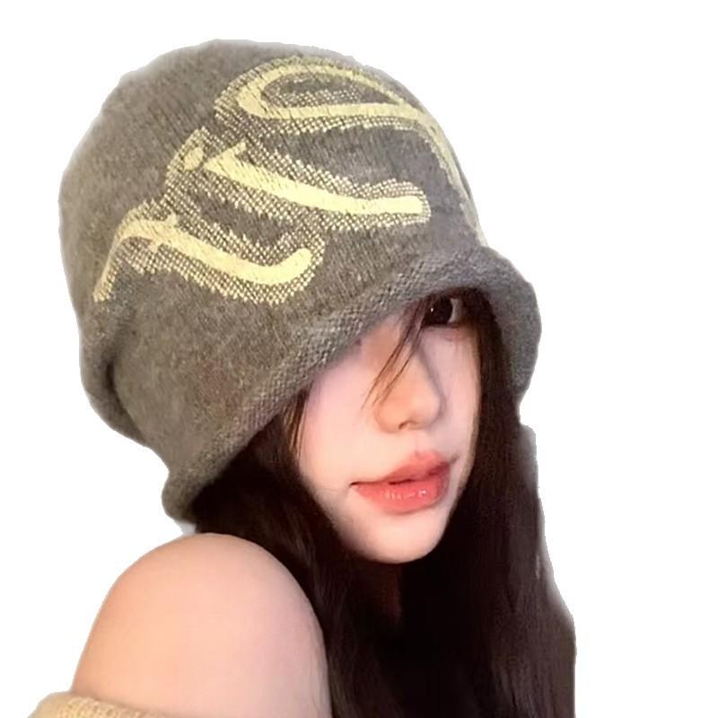 Women's Autumn and Winter Ear Protection Warmth  Big Head Circumference  Face  Small Pile of Hats  American Retro Letters  Jacquard Knitted Wool Hat