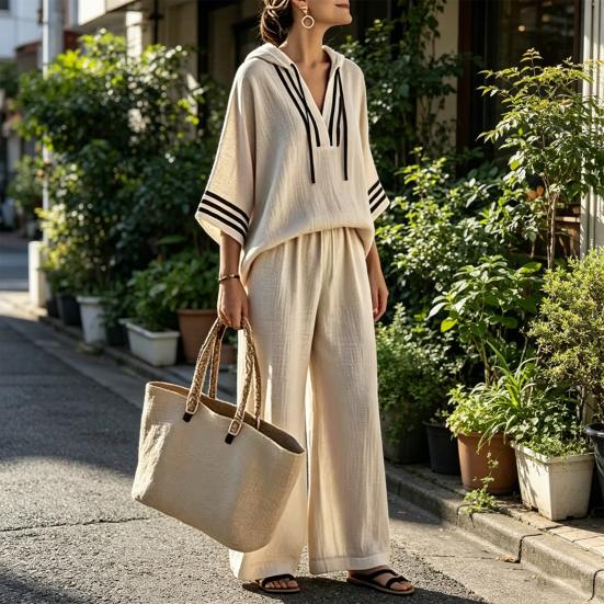 Damer Sommar Bomull Linne 2-delade Outfits Casual 3/4 Ärm Pullover Topp Och Vida Byxor Set Löst Huva Loungeset