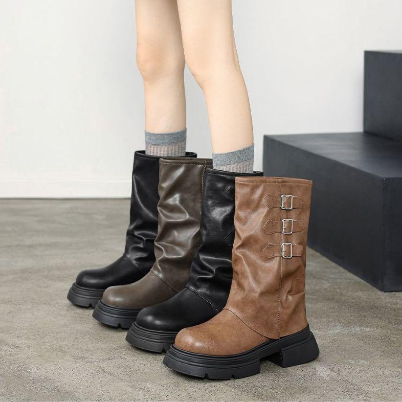 Thick-soled Retro Pants Long Tube Knight Boots Women's Shoes 2025 New Autumn and Winter Brown Pile Boots Medium Tube Long Boots