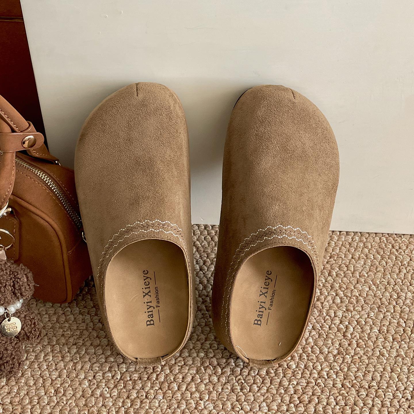 

Queen Fan retro non-slip thick-soled bag head slippers for women s autumn wear 2025 new height-increasing soft-soled Birkenstock half-drag 40 хаки