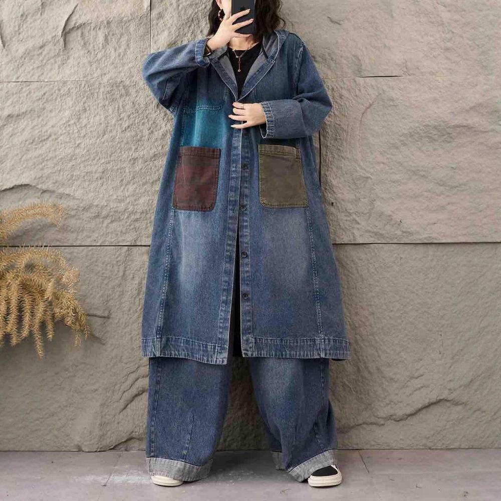 

2025 Autumn Retro Hooded Denim Trench Coat - Women s Mid-Length, Plus Size, Color Block Jacket One Size