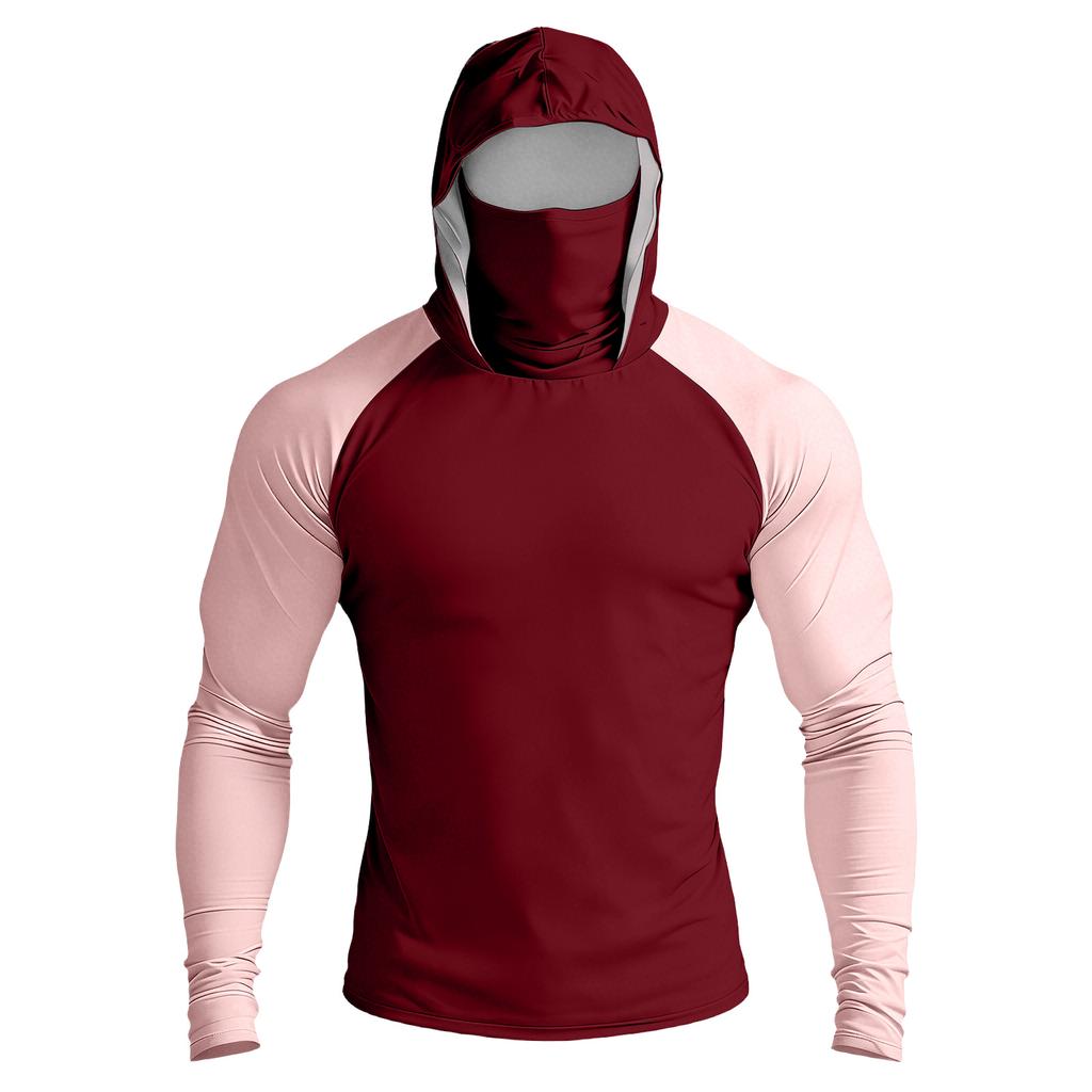 Maglia da Uomo a Maniche Lunghe con Cappuccio, Prestazioni Elevate, Mascherina Integrata e Maniche Raglan per Attività all'Aperto, Abbigliamento Sportivo
