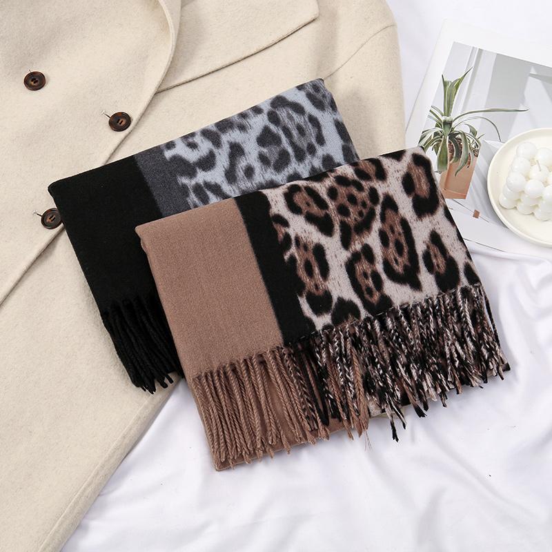 Vintage Leopard Print Pashmina Scarf Tassels Shawl Woman Winter Warm Scarves Windproof Foulard Cashmere Like Muffler Wraps