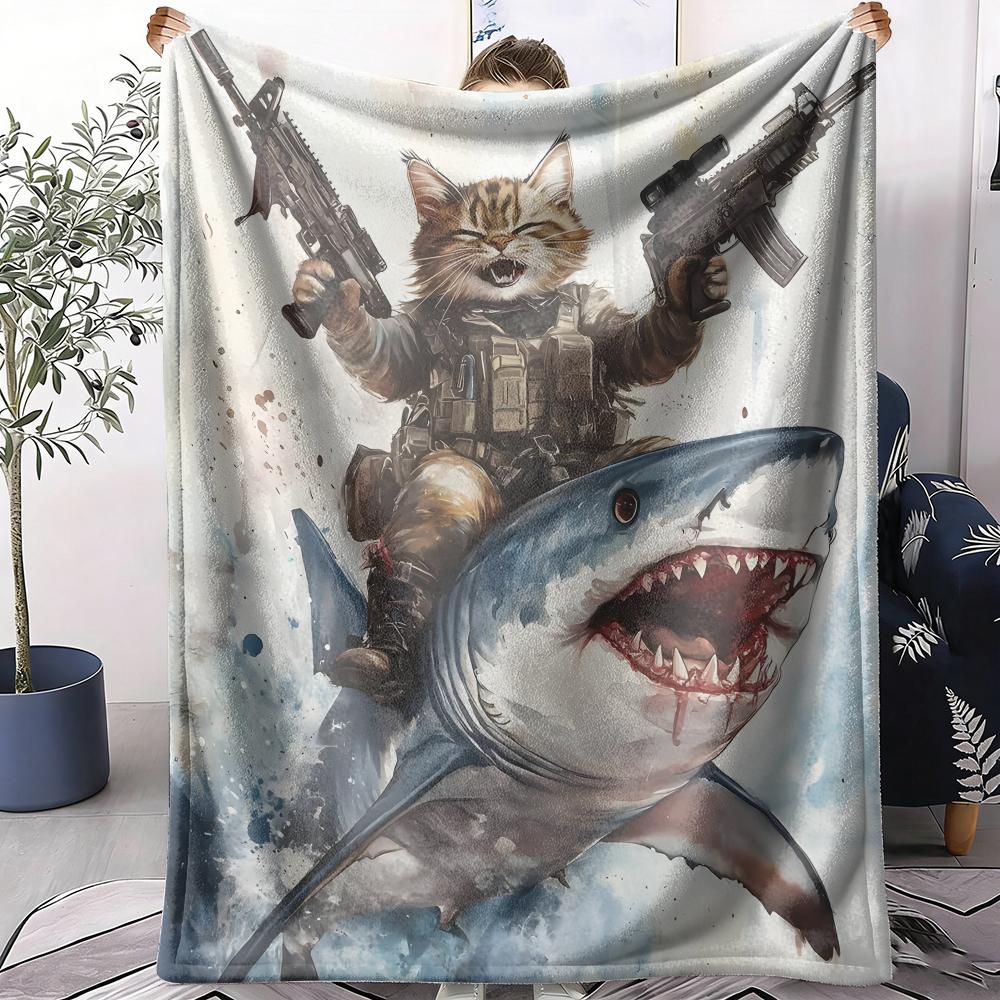 Cat Riding a Shark Throw Soft Flannel AC Blanket Lightweight Summer Nap Throw Cozy  Blanket for Sofa Bed Travel Home