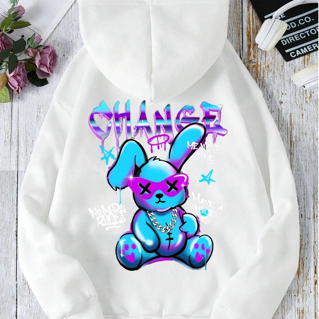 Módní mikina s potiskem kreslených králíčků Dámská móda Univerzální pouliční mikina s kapucí Kulatý výstřih Ležérní mikiny Pulovr Nadměrné oblečení