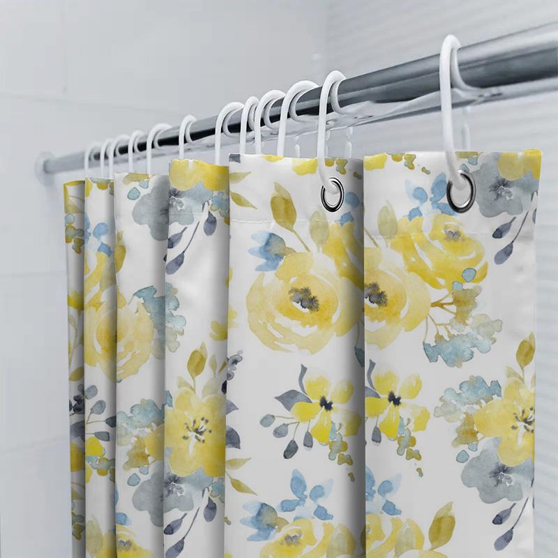 Modern Abstract Bathroom Shower Curtain Decorative Printing Waterproof Fabric For Home Decoration In Navy Blue With Yellow Gold