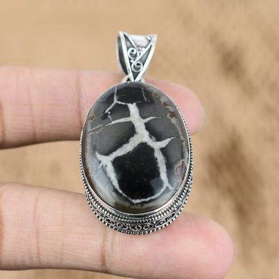 925 Silver Oval Natural Moroccan Mud Crack Fossil Mother Vintage Pendant Jewelry