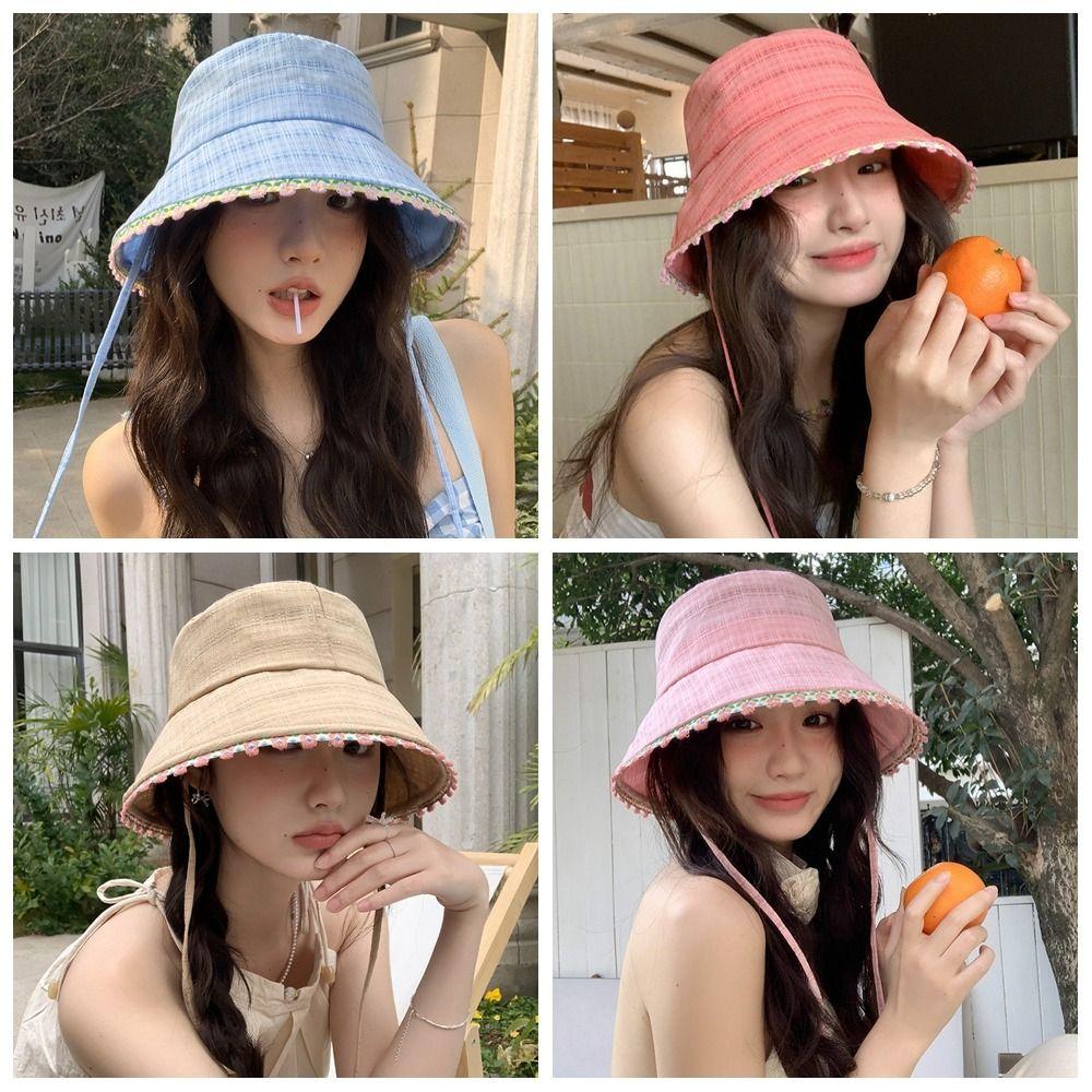 Sweet Lace-up Sun Caps French Style Women's Sun Hat Elegant Summer Fisherman Hat  Lady