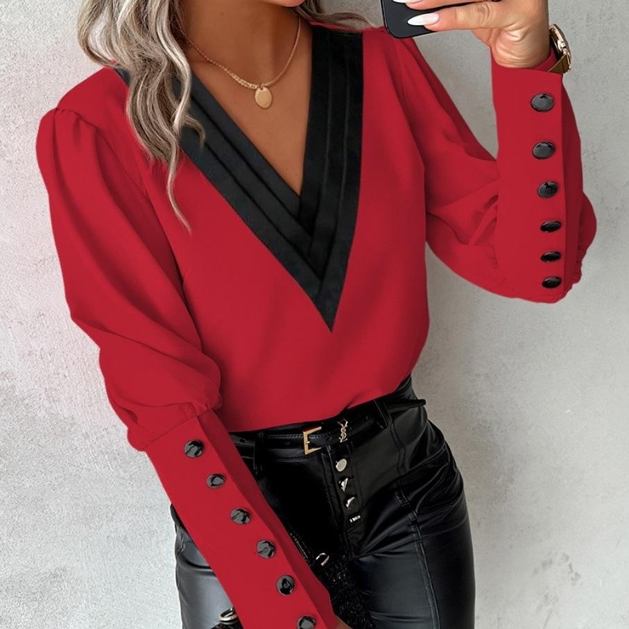 GMXIA Women's Fashion Casual Summer Solid Color Print Long Sleeve Button V-Neck Loose Blouses & Shirts