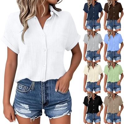 Womens Summer Fashion Color Lapel Casual Button Pocket Short Sleeved Shirt Top