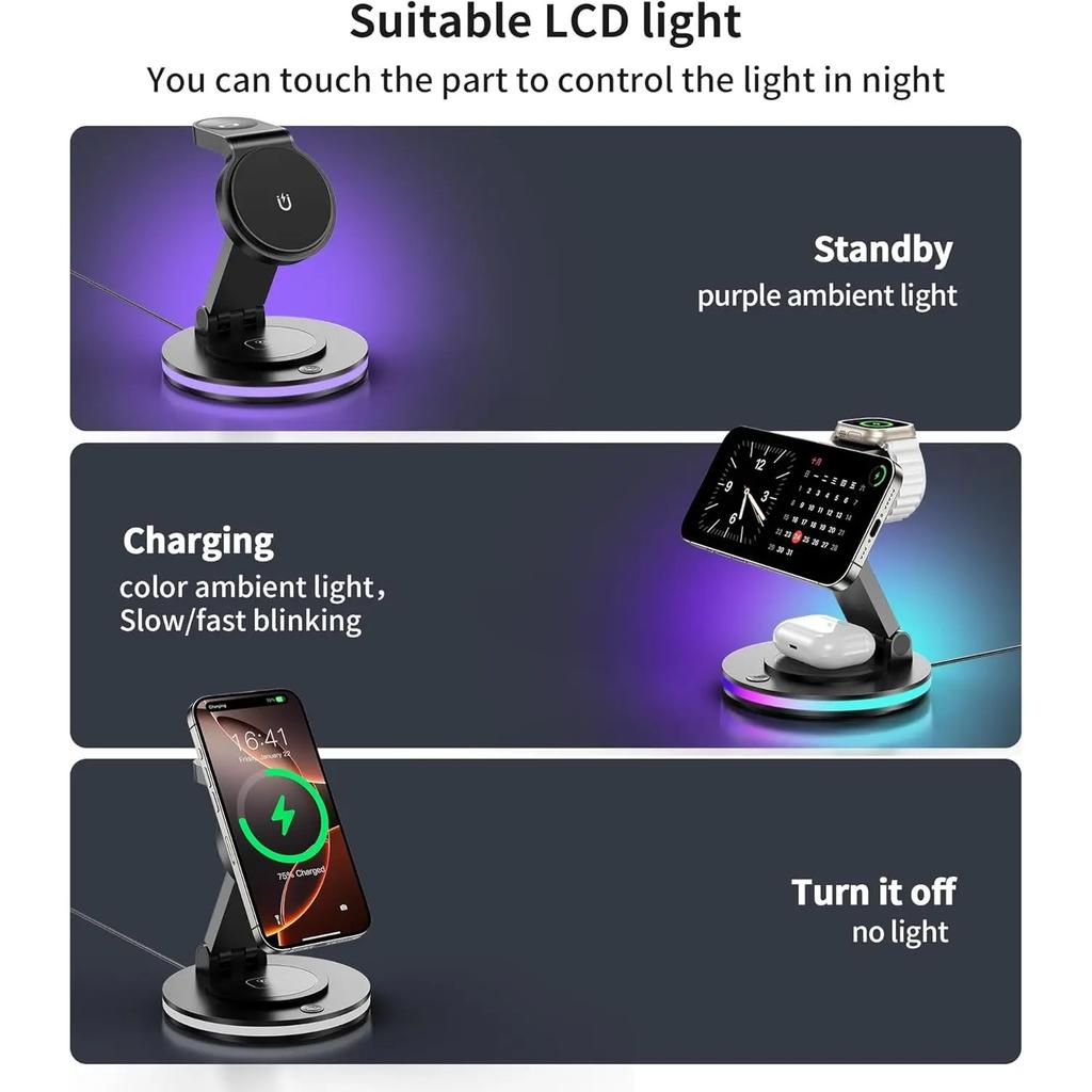 Magnetic Wireless Charging Station for iPhone 16 15 14 Foldable Rotating Light Adjustment 3-in-1 15W Fast Mag-Safe Charger Stand