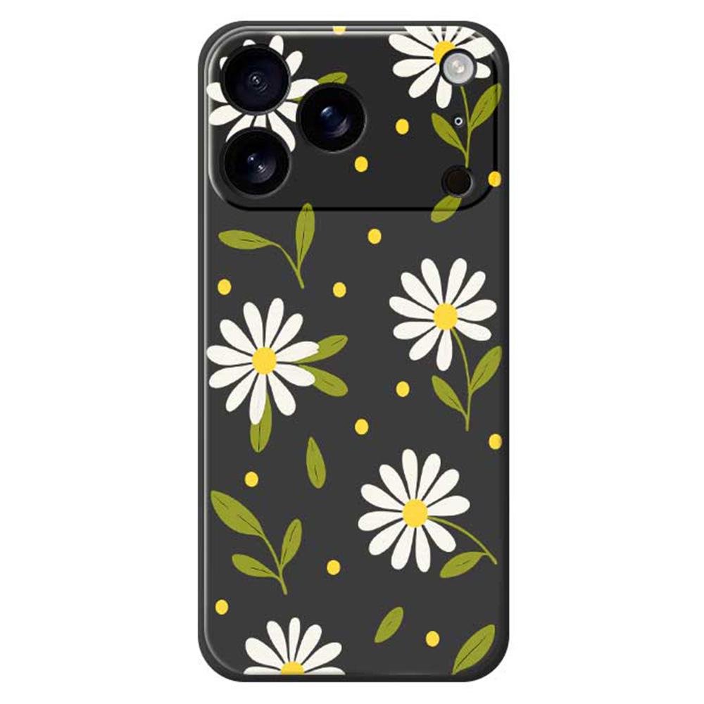 

For iPhone 17 Pro Case White Flowers Green Leaves Pattern Printing Straight Edge TPU Phone Back Cover Black