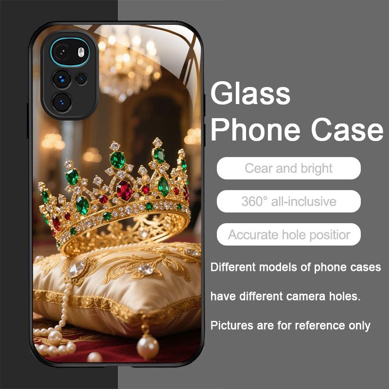 Luxury Crown Jewelry Flower Pattern Tempered Glass Phone Case for Motorola Moto G85 G84 G75 Edge 50 Fusion 40 Neo 30Pro 5G Cover