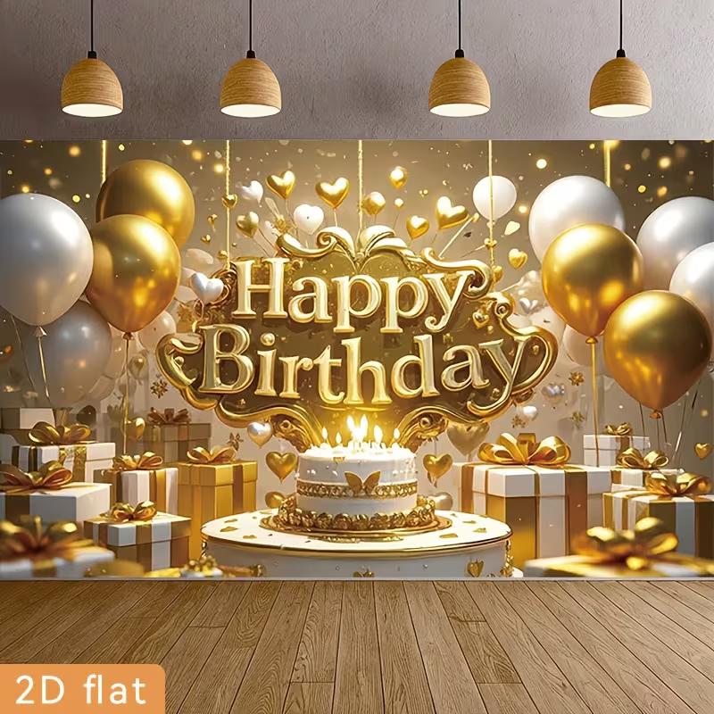 2D Shiny Gold Glitter Happy Birthday Backdrop Banner Party Decoration