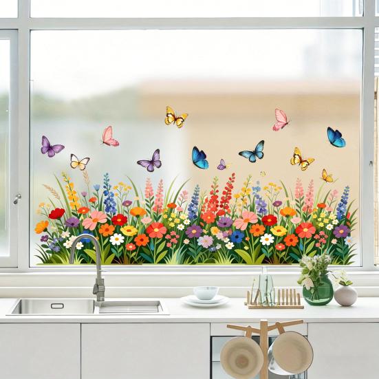 Yousheng Colorful Flower Butterfly Window Cling, Waterproof PVC Static Glass Sticker, Removable No Adhesive Window Sticker for Home Bedroom Kitchen