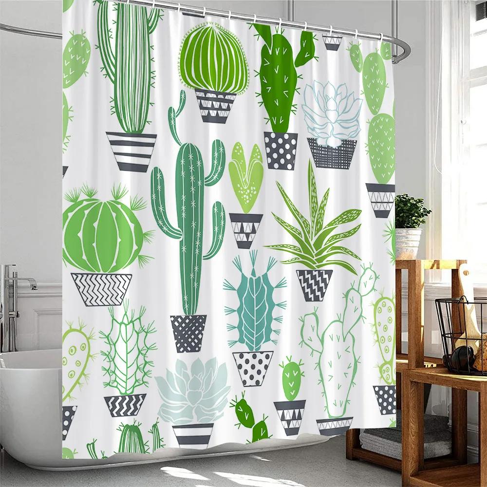 Mexican Style Shower Curtains Cartoon Tropical plants Cactus Bathroom Decor Polyester Fabric Bath Curtain with Hooks Washable