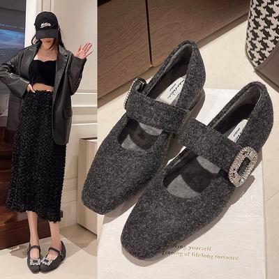 Mao Mao Shoes Thick Heel Rhinestone Single Shoes Women's Autumn and Winter New One-word Buckle Square Head Velvet Mary Jane Cotton Shoes