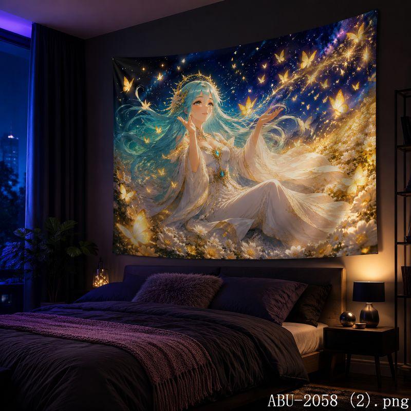 Starry Moon Anime Girl Aesthetic Tapestry Soft Colorful Galaxy Cartoon Wall Hanging Teen Dorm Bedroom Otaku Home Decor