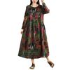 New Vintage Cotton and Linen Print Round Neck Long Sleeve Dress Female Loose Large Size