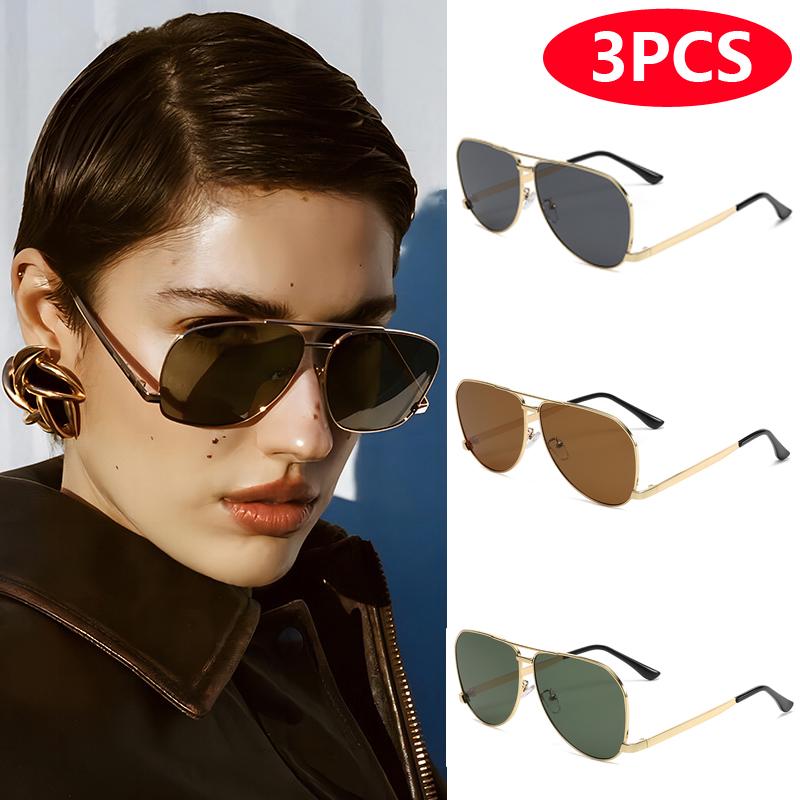 3pcs Retro Trend Oval Pilot Sunglasses Double Bridge Goggles Women Outdoor Metal Sun Glasses High Quality Classic UV400 Unisex