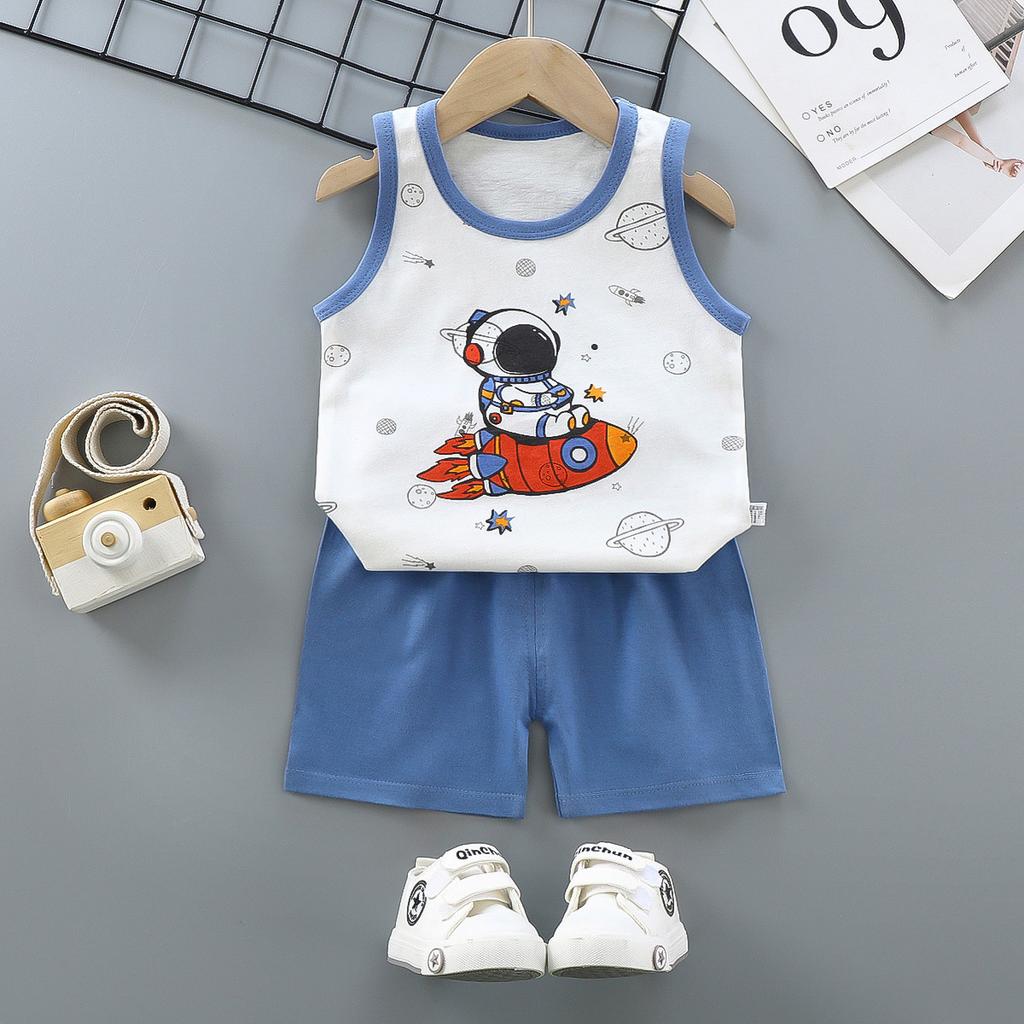 Summer Kids Non Sleeve O Neck Vest Pants Set Casual Baggy 2pcs Suit Cotton Cartoon Printes Outfit